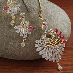 ZENEME Women Pink Gold Plated White CZ Stone Studded Peacock Pendant Set image 1