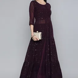 Kvsfab Women Purple Floral Embroidered High Slit Sequinned Kurti with Trousers-image-86
