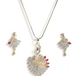ZENEME Women Pink Gold Plated White CZ Stone Studded Peacock Pendant Set image 3