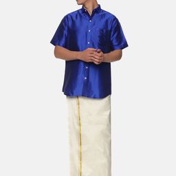Sethukrishna Men Navy Blue & White Shirt with Dhoti Pants-picture-26