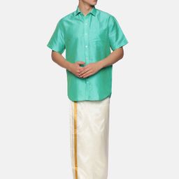 Sethukrishna Men Fluorescent Green & White Shirt Veshti Set-picture-28