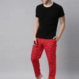 Joven Men Red & Black Printed Cotton Lounge Pants image 3