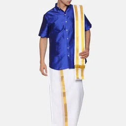 Sethukrishna Men Navy Blue & White Shirt with Dhoti Pants image 4