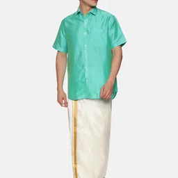 Sethukrishna Men Fluorescent Green & White Shirt With Dhoti Pants image 3