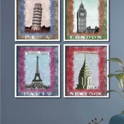 Art Street Set Of 4 Multicoloured Pisa, London, Paris & New York Framed Canvas Wall Art image 1