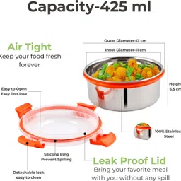 uninox Stainless steel lock n lock orange color containers 425 Ml set of 1 Containers Lunch Box image 2