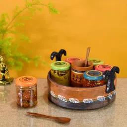 aakriti art creations Dadiji's Brown Glass, Terracotta and Wood 6 Pcs Condiment Jars with Spoon Holder & Tray image 1