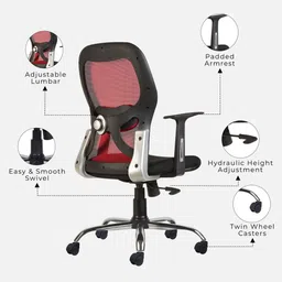 cellbell Tauras Lite Breathable MeshMid Back Ergonomic Chair in Red Colour image 3
