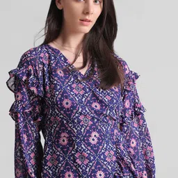 ONLY Ethnic Motifs Printed Puff Sleeves Ruffle Detail Mini Wrap Dress-picture-23