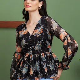 Globus Floral Print V-Neck Work Peplum Top-image-33
