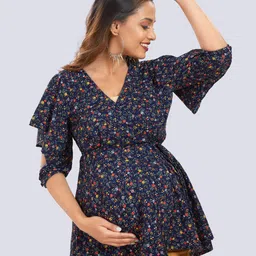 Mom For Sure by Ketki Dalal Blue & Red Floral Print Crepe Maternity Wrap Top-picture-17