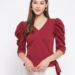 WineRed Maroon Bishop Sleeves Crepe Tie side Wrap Top image 1