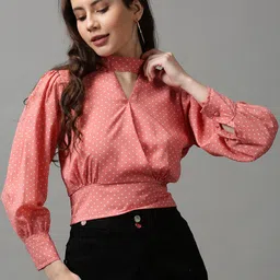 SHOWOFF Peach-Coloured Print Choker Neck Crepe Wrap Top image 3