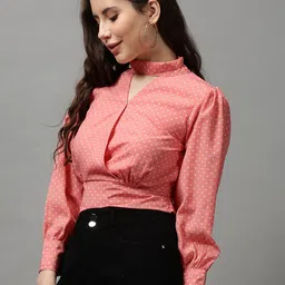 SHOWOFF Peach-Coloured Print Choker Neck Crepe Wrap Top image 5