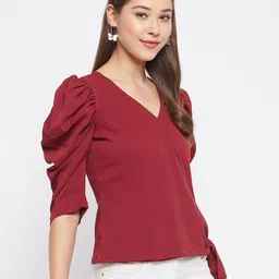 WineRed Maroon Bishop Sleeves Crepe Tie side Wrap Top image 3