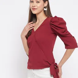 WineRed Maroon Bishop Sleeves Crepe Tie side Wrap Top image 4