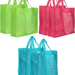 heart home Foldable Reusable Smiley Printed Shopping Bag with One Small Pocket (Set Of 6,Green & Pink & Blue) Pack of 6 Grocery Bags-picture-20