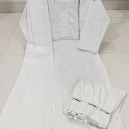 insha emporium White Cotton Afghani Dress Embroidered Kurta, Salwar & Dupatta Set image 3