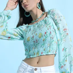 tokyo talkies Casual Regular Sleeves Printed Women Blue Top-picture-13