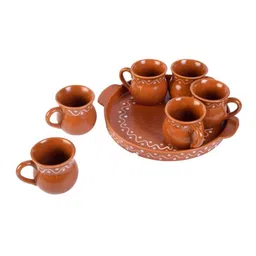 unravel india Textured 50Ml Brown Ceramic Set Of 6 Glass With 1 Tray image 4