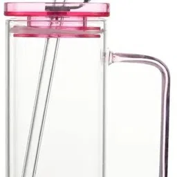 kelvee Square Glass Juice Drinking Cup with Multi Colored Handle, Lids & Straw Glass Coffee Mug-picture-25