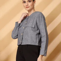 pluss Women Striped Mandarin Casual Blazer image 4
