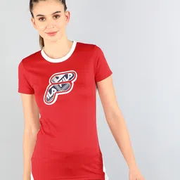 Women Printed Round Neck Pure Cotton Red T-Shirt-image-3