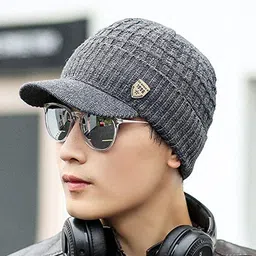 YOUSTYLO Adults Grey Woolen Winter Visor Cap-image-0