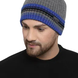 513 Men Grey Melange & Blue Ribbed Beanie image 5