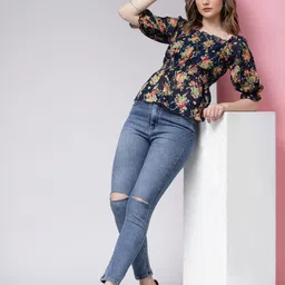 kassually Casual Puff Sleeves Floral Print Women Blue Top image 5