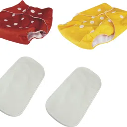 reusable & washable baby cloth red & yellow diapers combo with 2 inserts of 5 layers-image-65