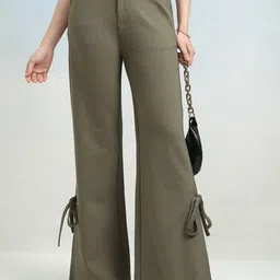 tokyo talkies Women Flared Green Cotton Blend Trousers-picture-20