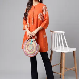janasya Casual Regular Sleeves Floral Print Women Orange Top image 4