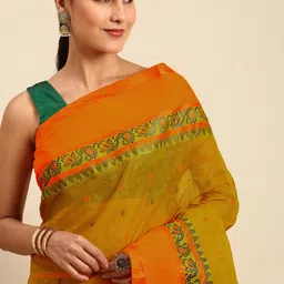 WoodenTant Mustard Yellow Woven Design Pure Cotton Taant Saree-picture-16