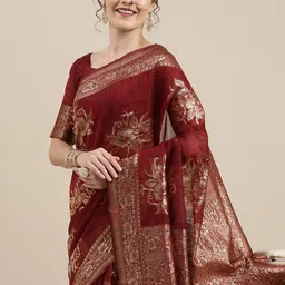 Saree mall Maroon Floral Linen Blend Banarasi Saree-picture-44