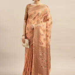 Saree mall Peach-Coloured & Golden Ethnic Motifs Banarasi Sarees-image-83