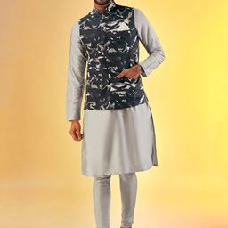 KISAH Mandarin Collar Straight Kurta & Churidar With Printed Nehru Jacket-picture-3