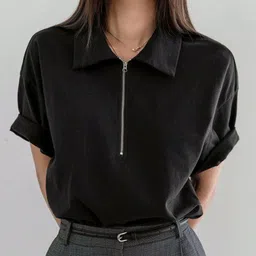 sixteenlines Women Solid Zip Neck Reversible Cotton Blend Black T-Shirt-picture-20