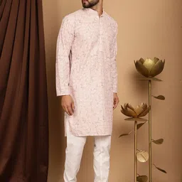 SOJANYA Floral Printed Band Collar Thread Work Regular Pure Cotton Kurta with Churidar image 4