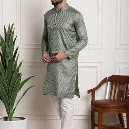 SOJANYA Men Blue & White Woven Design Kurta with Churidar image 4