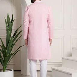 SOJANYA Men Pink & White Woven Design Kurta with Churidar image 4