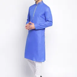 here&now x sanwara Sanwara Men Blue & White Solid Cotton Blend Kurta With Churidar image 5
