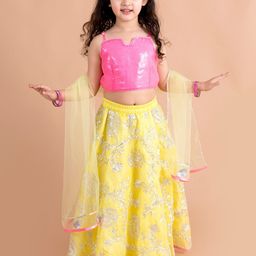 pspeaches Girls Yellow & Pink Embellished Sequinned Ready to Wear Lehenga & Blouse With Dupatta-picture-10