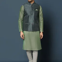 KISAH Mandarin Collar Kurta with Churidar & Woven Design Nehru Jacket image 1