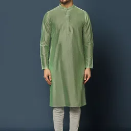 KISAH Mandarin Collar Kurta with Churidar & Woven Design Nehru Jacket image 5