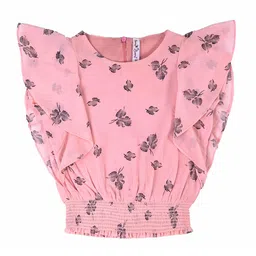 Hunny Bunny Girls Peach-Coloured & Black Printed Flutter Sleeve Smocked Top-picture-42