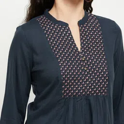 max Women Blue Embroidered Mandarin Collar A-Line Top image 2