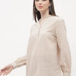 Madame Vertical Stripes Mandarin Collar Cuffed Sleeves Top image 4