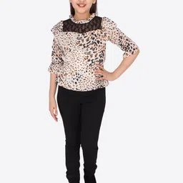 CUTECUMBER Girls Cream-Coloured Animal Georgette Regular Top image 2