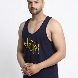 Friskers Men Navy Blue & Yellow Printed Cotton Innerwear Vests image 4